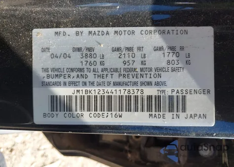 2004 Mazda Mazda3 S из США, поврежденный, VIN JM1BK123441178378